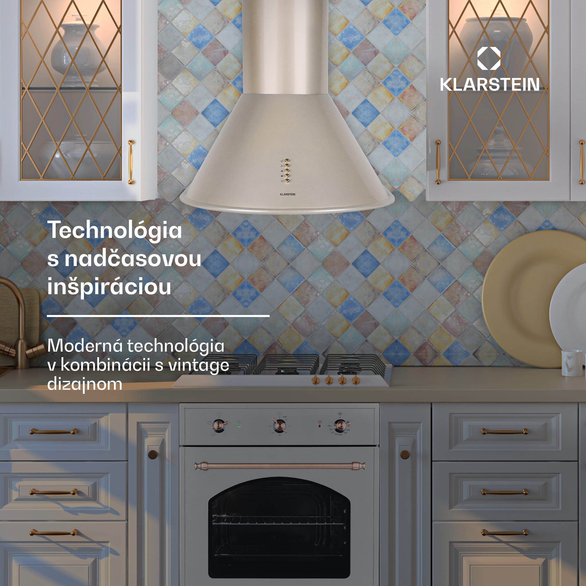 Klarstein Lumio, digestor, 60 cm, komínový, 490 m³/h, retro dizajn, nehrdzavejúca oceľ, champagne – Obrázok 2