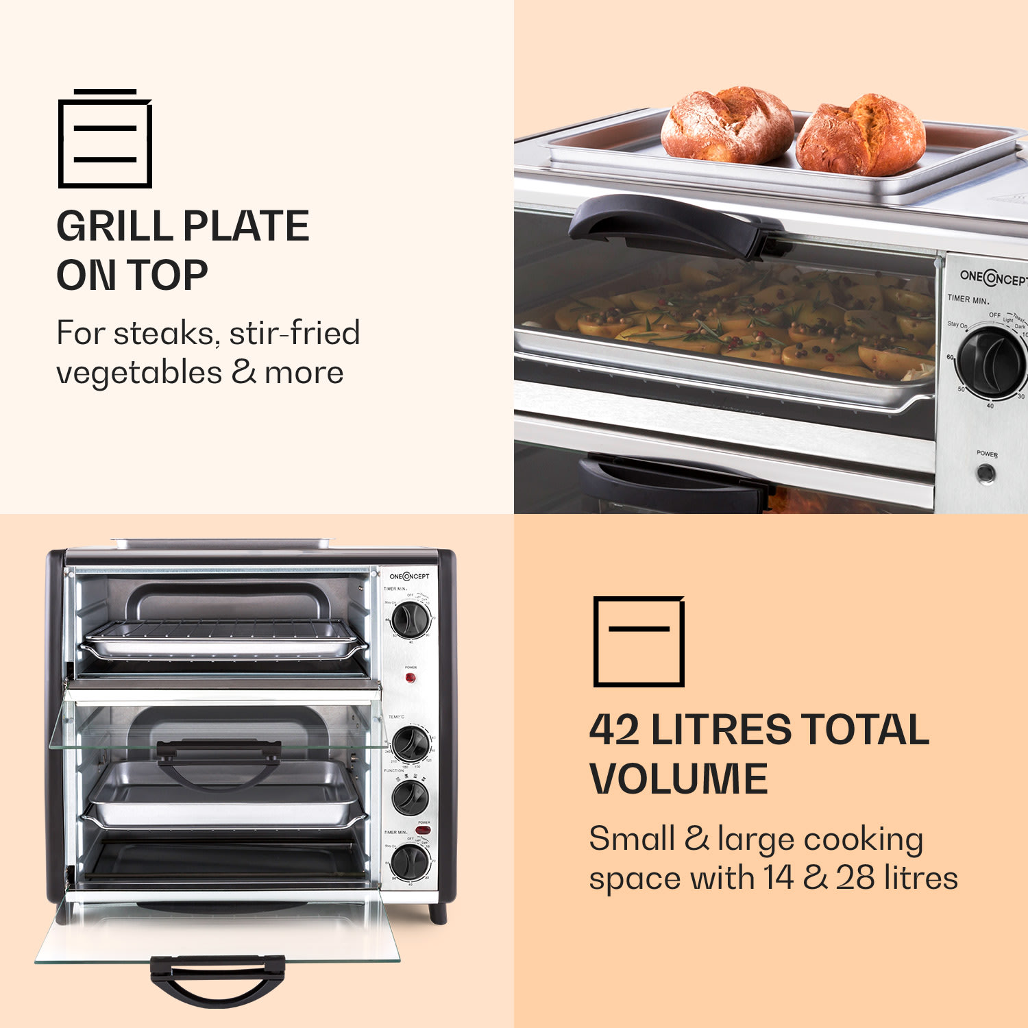 OneConcept All-You-Can-Eat, dvojitá minirúra s grilovaciou platňou, 42 l, 2350 W – Obrázok 3