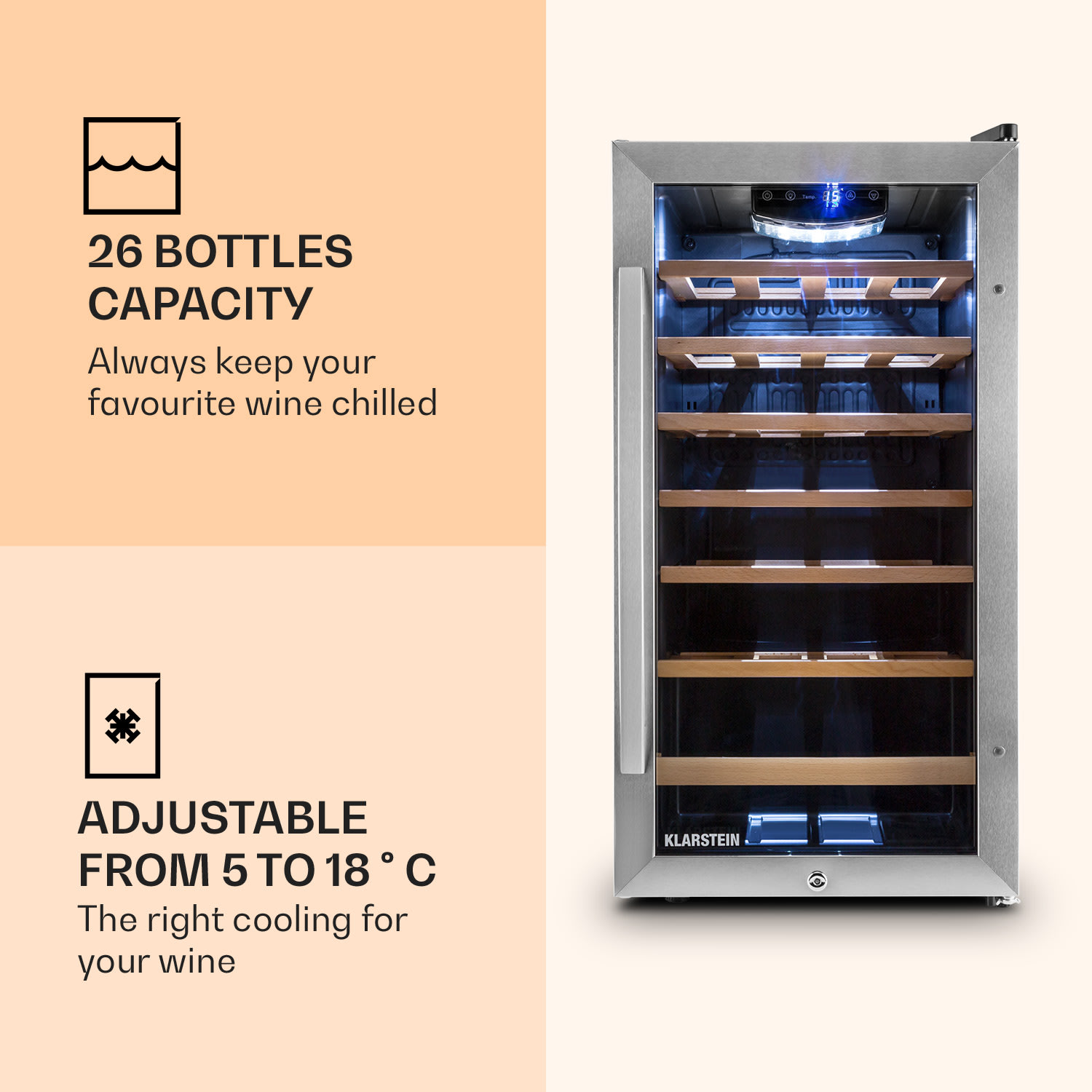 Klarstein Vivo Vino 26, 88 l, vinotéka, 26 fliaš, čierna, LED – Obrázok 3