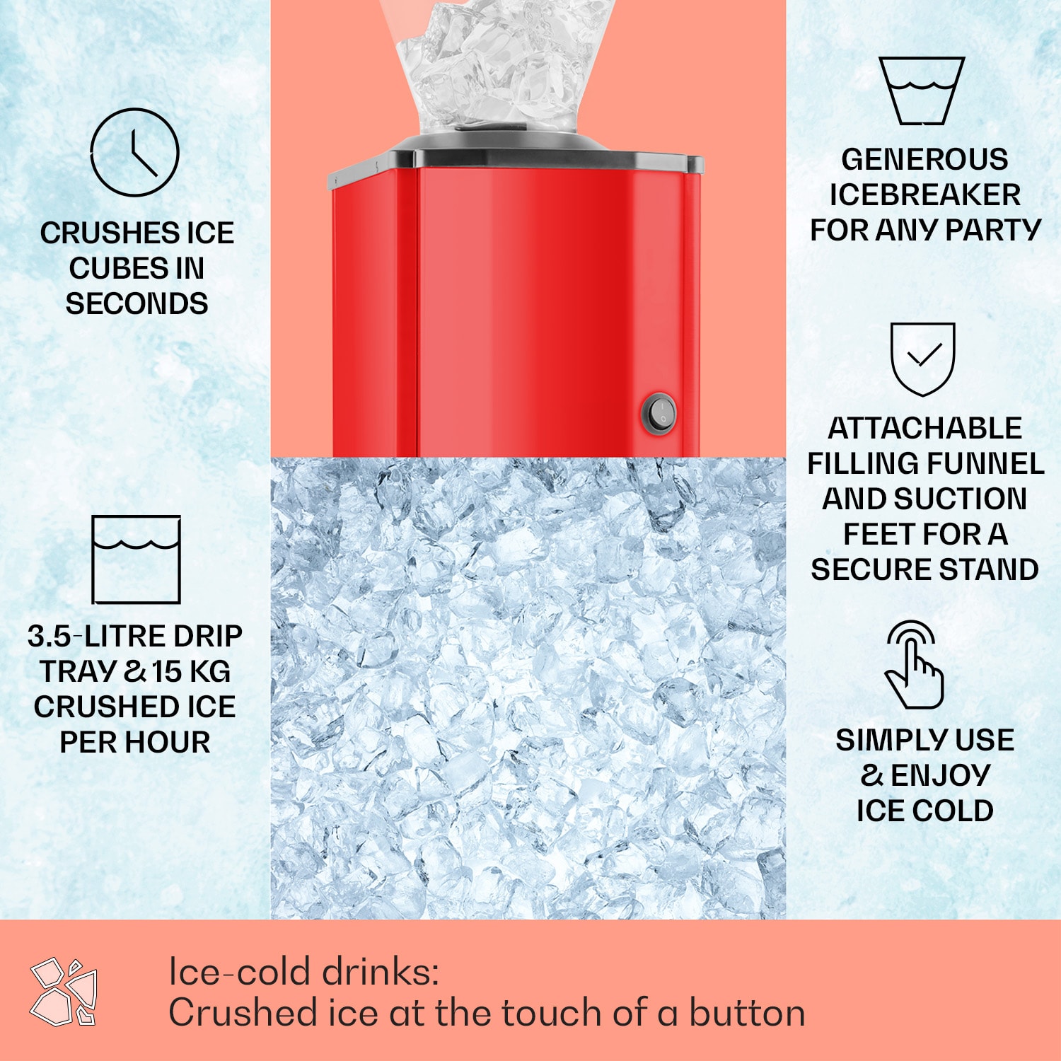 OneConcept Icebreaker, drvič ľadu, 15 kg/h, objem 3,5 l, zásobník na ľad, nehrdzavejúca oceľ, červený – Obrázok 2