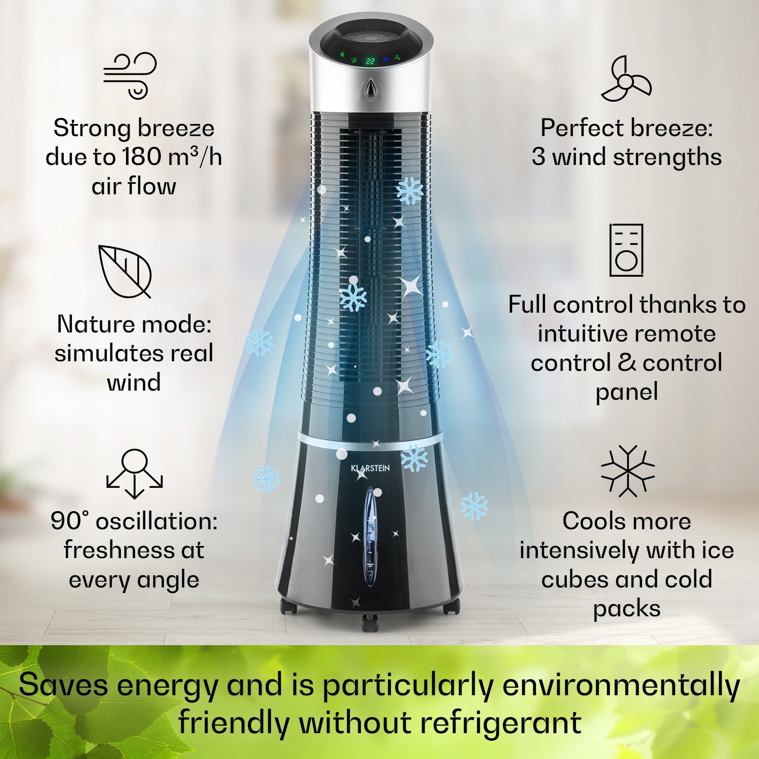 Klarstein Skyscraper Ice, 4 v 1 ochladzovač vzduchu, ventilátor, čistička vzduchu, zvlhčovač, 45 W, 210 m³/h, oscilácia, mobilný, diaľkové ovládanie – Obrázok 3