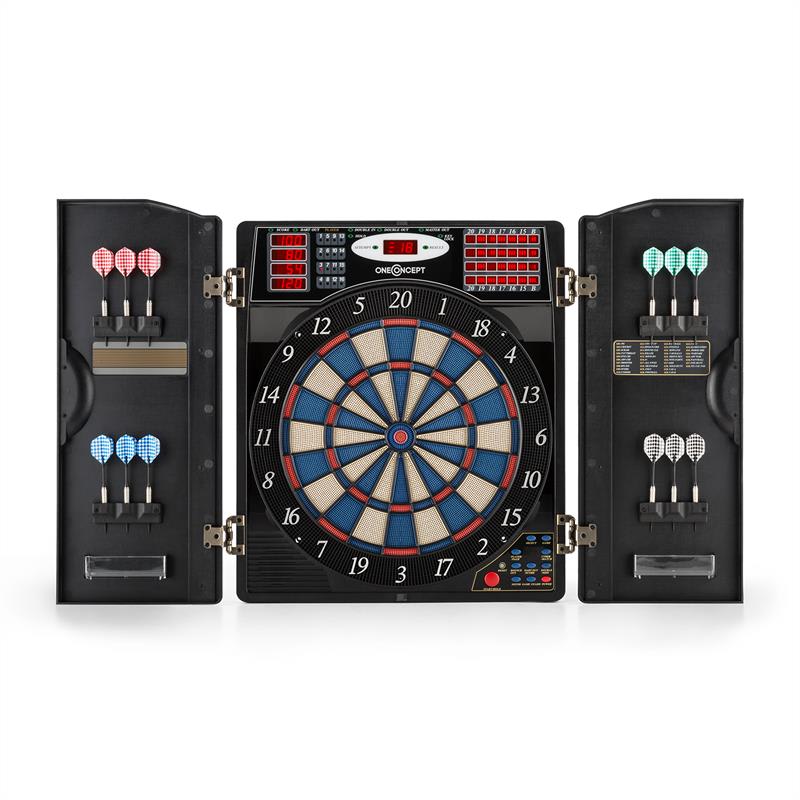 OneConcept Masterdarter, drevený vzhľad, terč na šípky, automat na šípky, mäkký hrot, dvierka – Obrázok 2