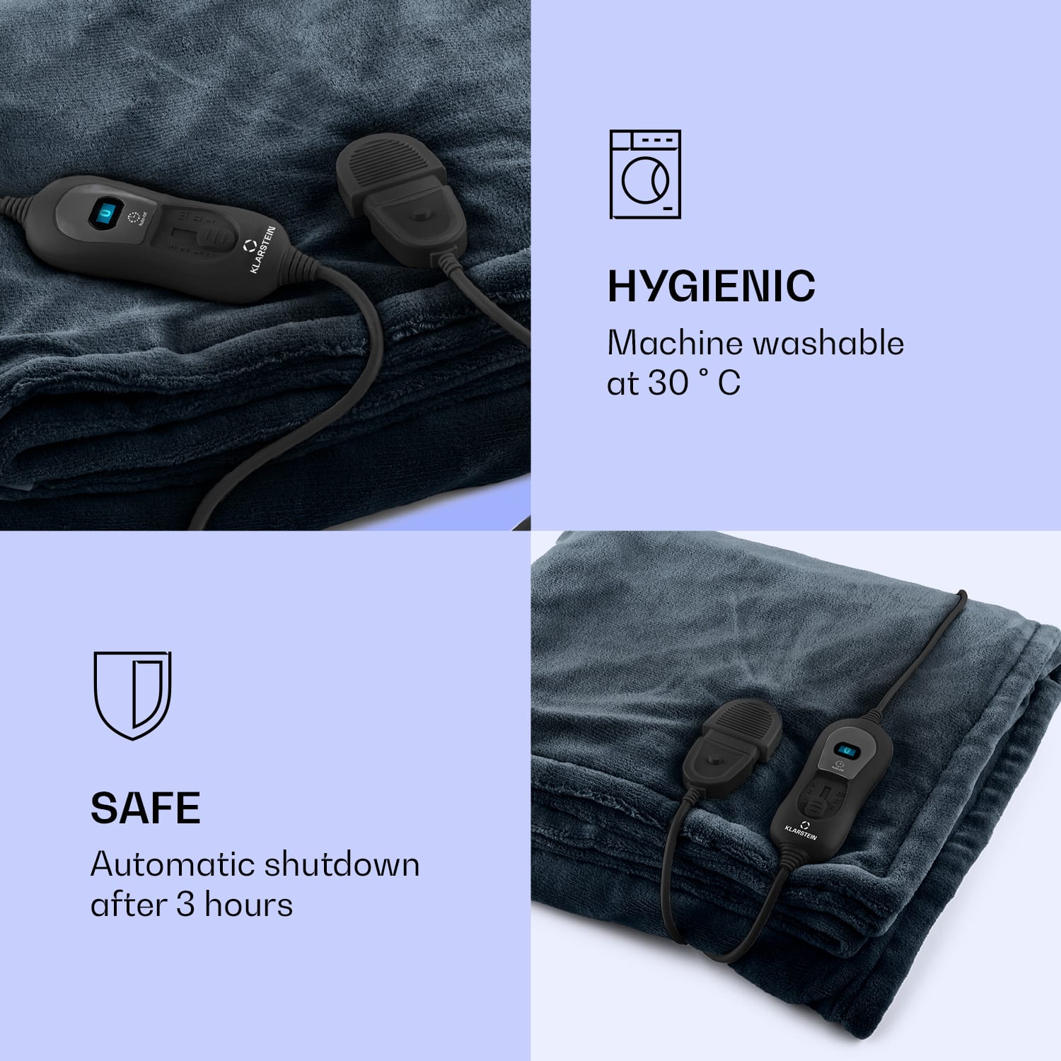 Klarstein Dr. Watson XXL, vyhrievacia deka, 120 W, 3 stupne ohrevu, prateľná, 180 x 130 cm, mikroplyš – Obrázok 4