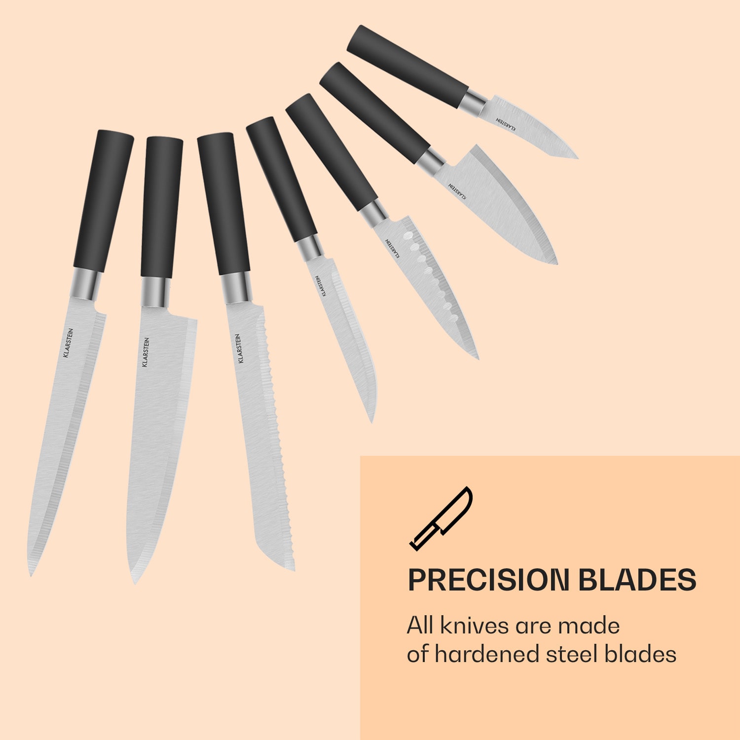 Klarstein Kitano, sada nožov s blokom, 8-dielna, 7 nožov, oceľ, luxusný drevený blok – Obrázok 4