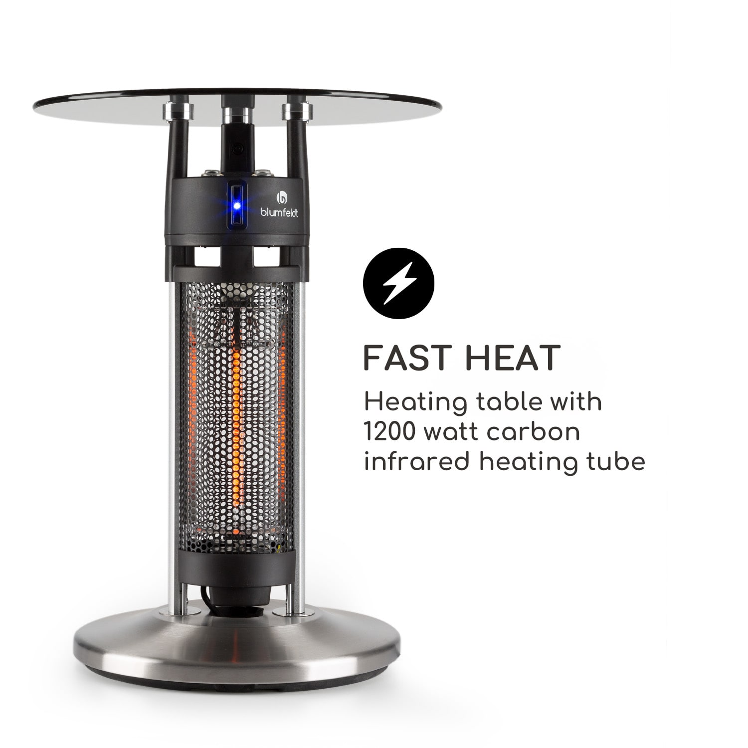 Blumfeldt Primal Heat 65, ohrievač, bistro stôl, 1200 W, uhlíkové IR výhrevné teleso, LED, 65 cm, sklo – Obrázok 4