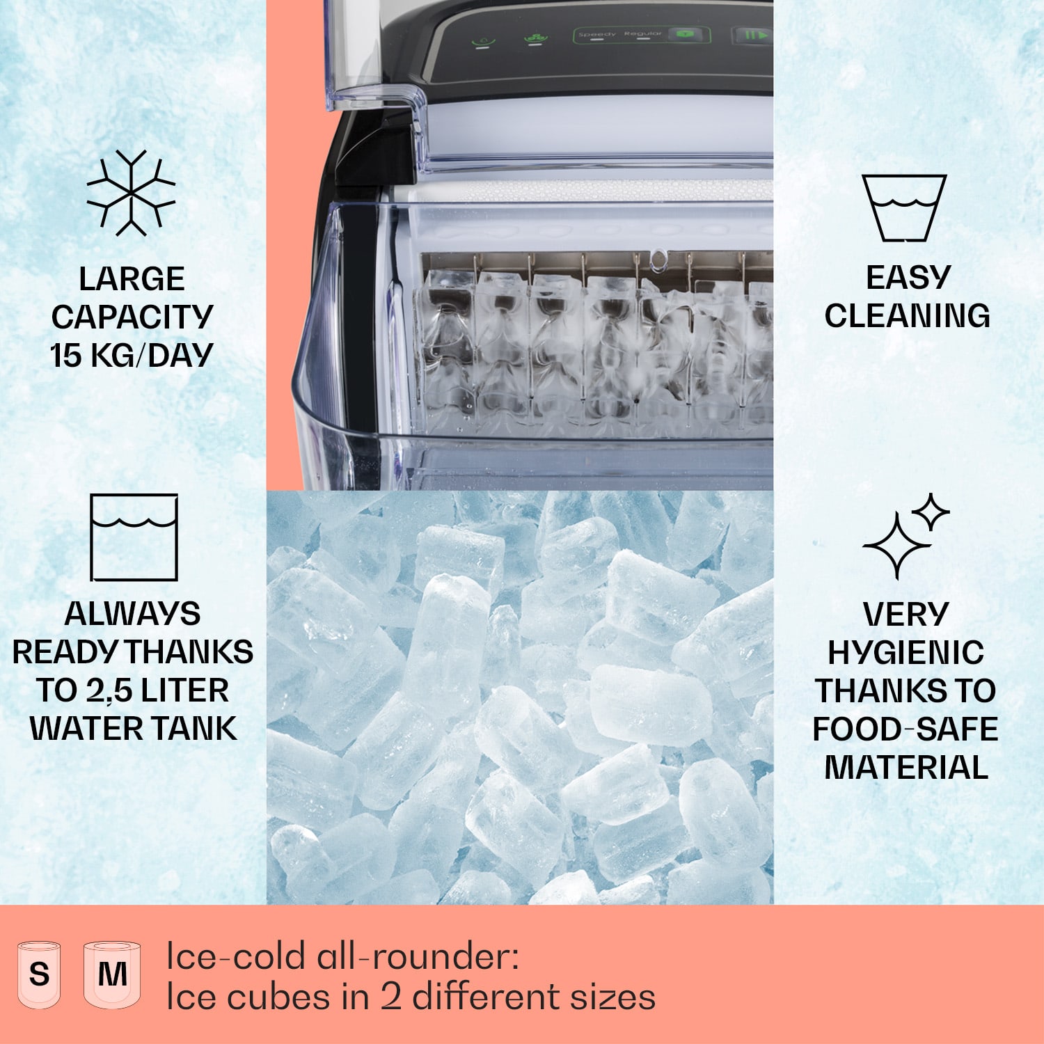 Klarstein Kristall, výrobník ľadu, krištáľovo číry ľad, 2 veľkosti, 2,5 l nádržka na vodu – Obrázok 2