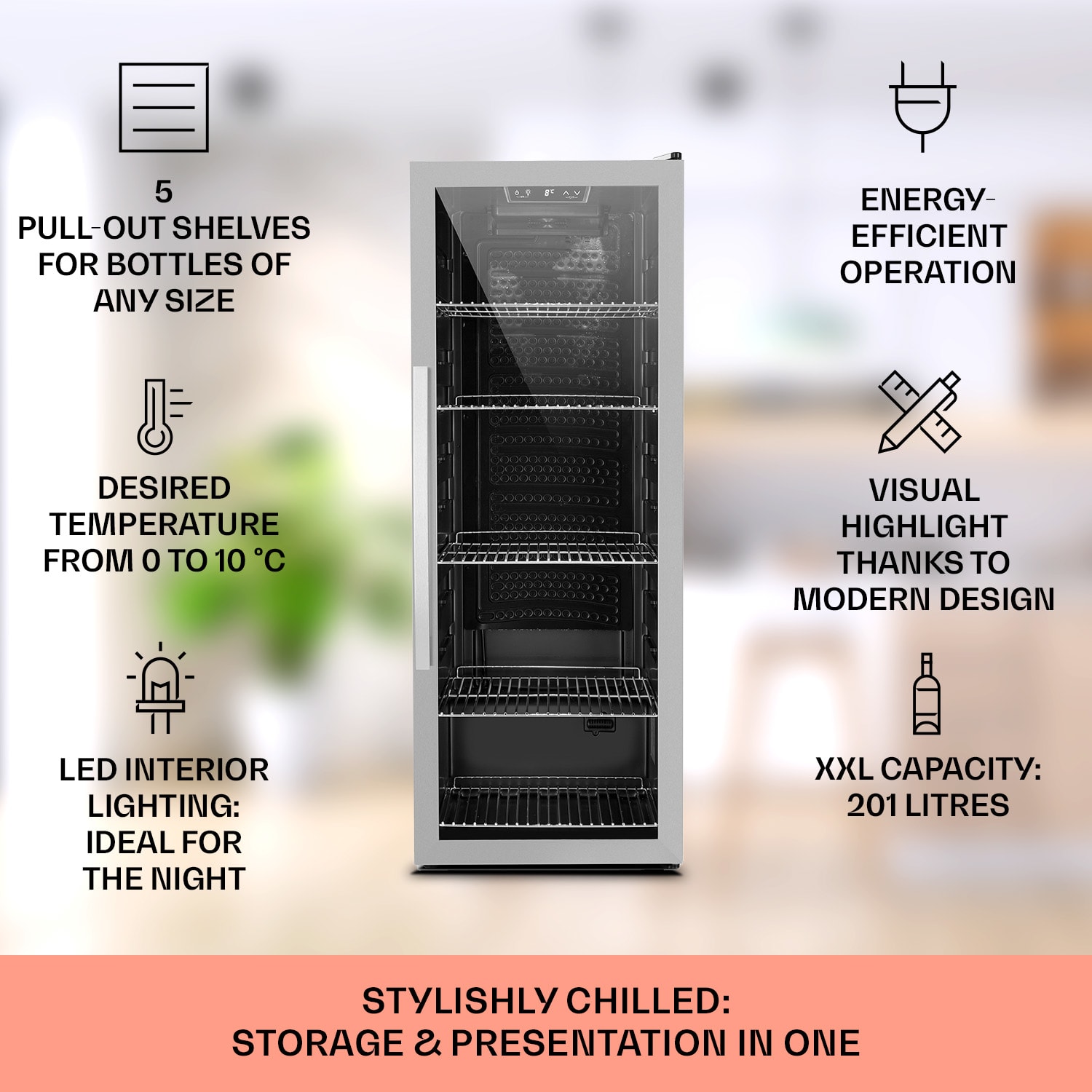 Klarstein Beersafe 6XL, chladnička na nápoje, 201 l, 0-10°C, sklo, energet. trieda G, nehrdzavejúca oceľ – Obrázok 2