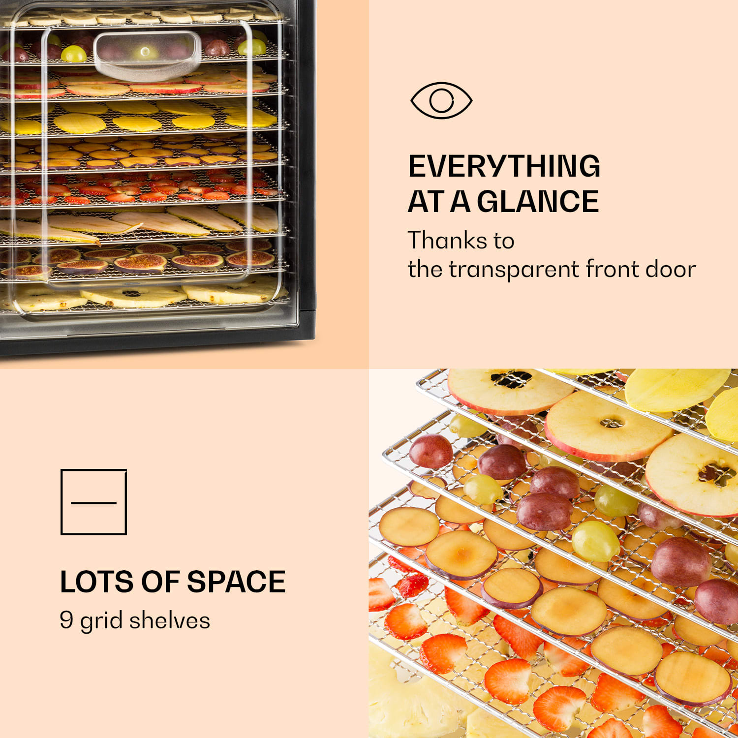 Klarstein Fruit Jerky Plus 9, sušička ovocia, 600-700 W, 35-70 °C, časovač, 9 poschodí – Obrázok 3