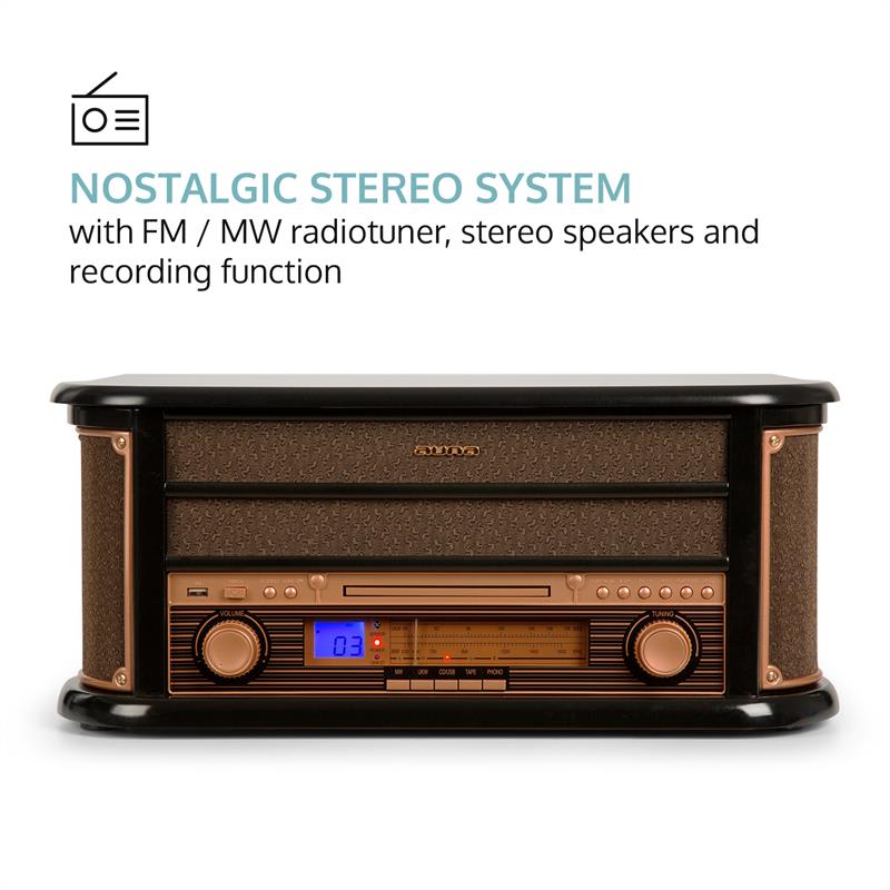 Auna Belle Epoque 1908, retro stereo systém, gramofón, rádio, USB, CD, MP3, mikrosystém – Obrázok 3