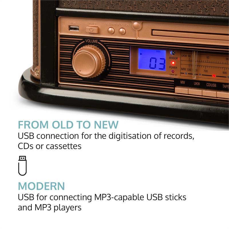 Auna Belle Epoque 1908, retro stereo systém, gramofón, rádio, USB, CD, MP3, mikrosystém – Obrázok 4