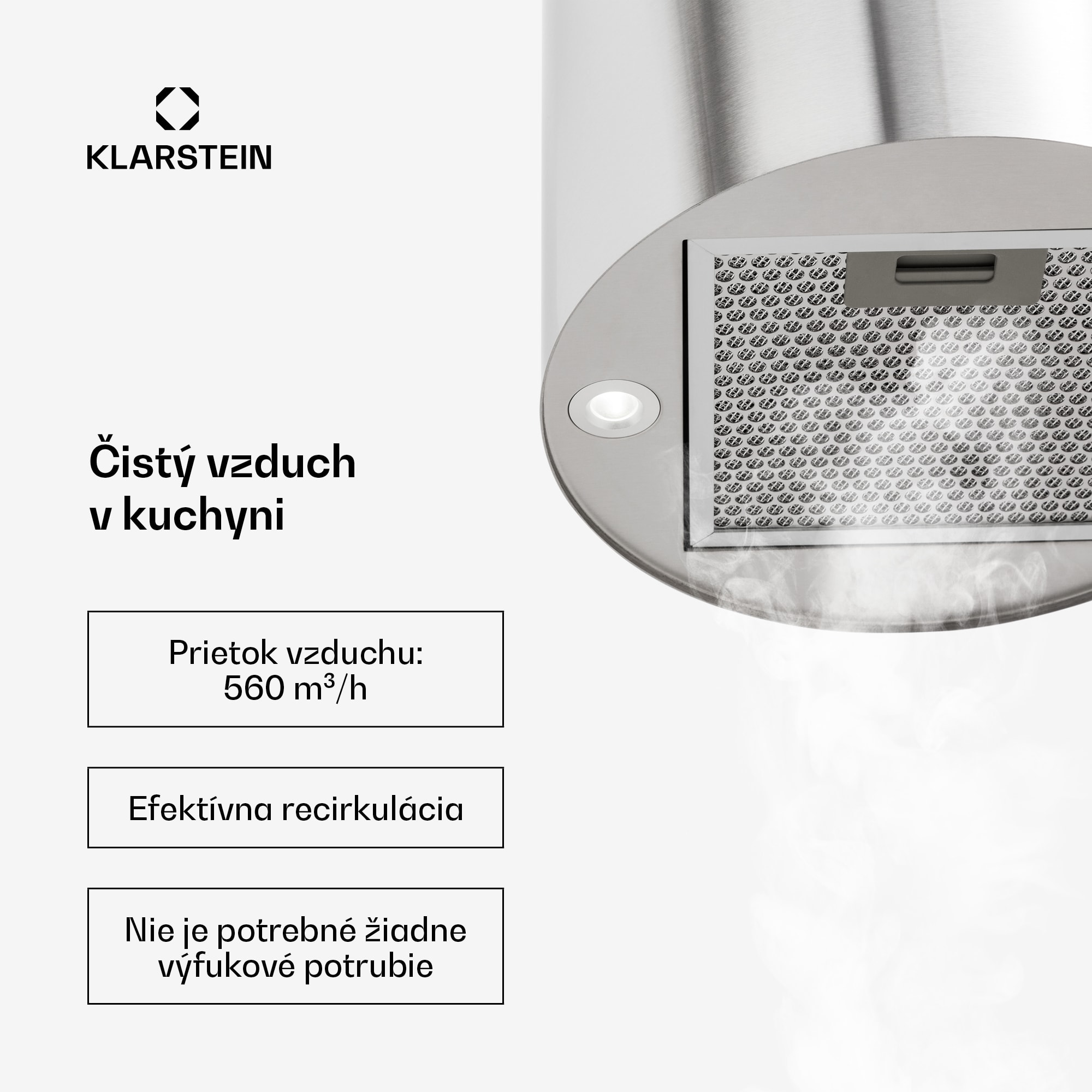 Klarstein Odsávač pár Barett v ostrovnom vyhotovení, Ø35 cm, recirkulačný režim, 522 m³/h, LED osvetlenie, filter s aktívnym uhlím – Obrázok 3