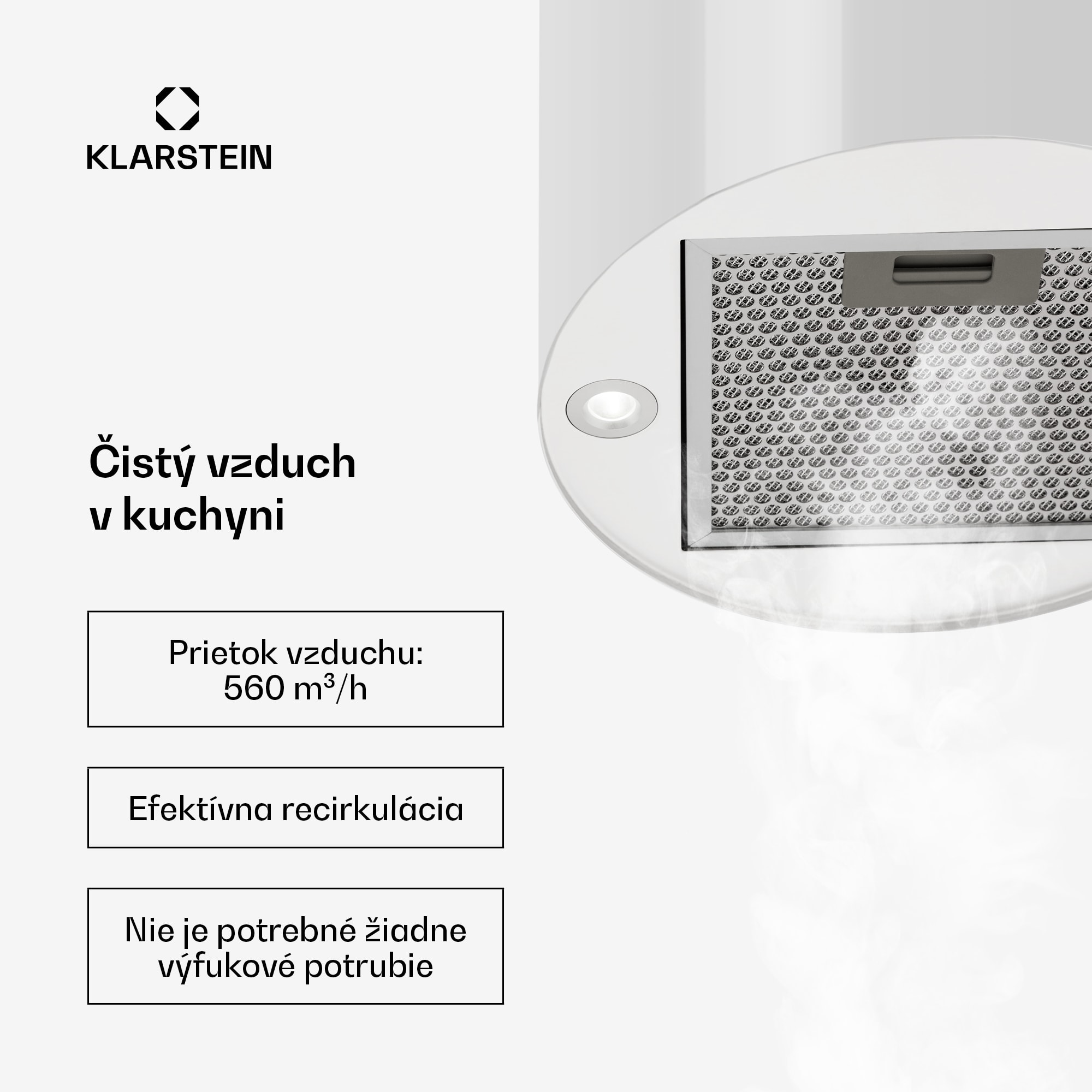 Klarstein Barett, digestor, 35 cm, ostrovčekový, 560 m³/h, LED, filter s aktívnym uhlím, biely – Obrázok 3