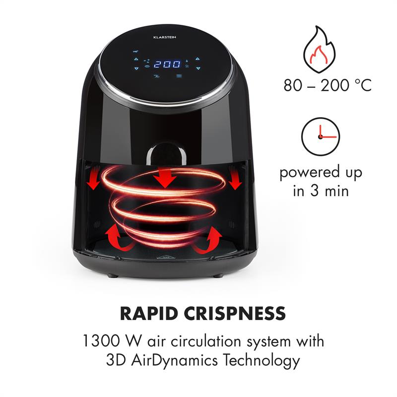 Klarstein AirVital, teplovzdušná fritéza, 1300 W, 2,5 l, nepriľnavý povrch CeraPlus, dotykové ovládanie, čierna – Obrázok 4