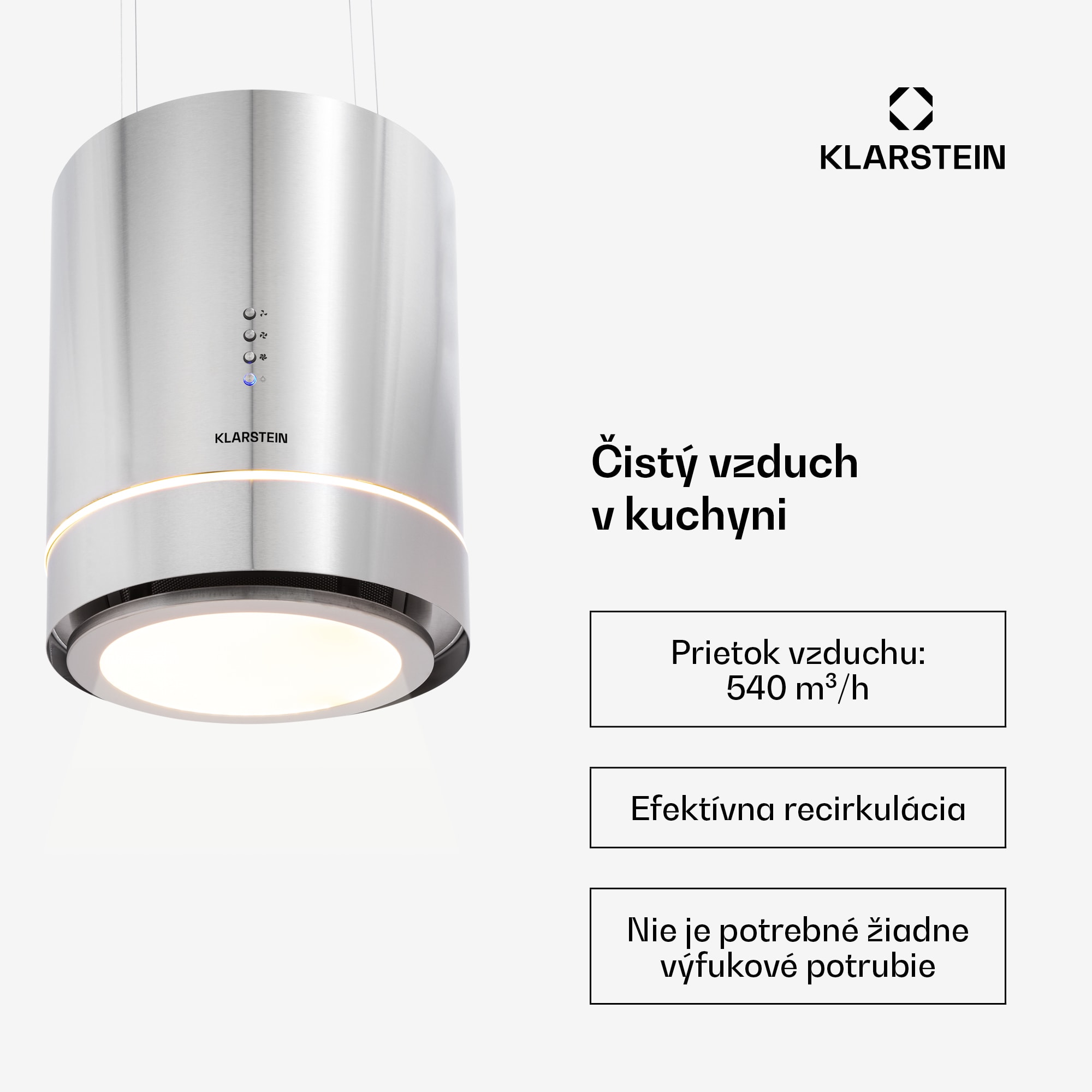 Klarstein Tron Ambience, digestor, 38 cm, ostrovčekový, 540 m³/h, LED, nehrdzavejúca oceľ – Obrázok 3