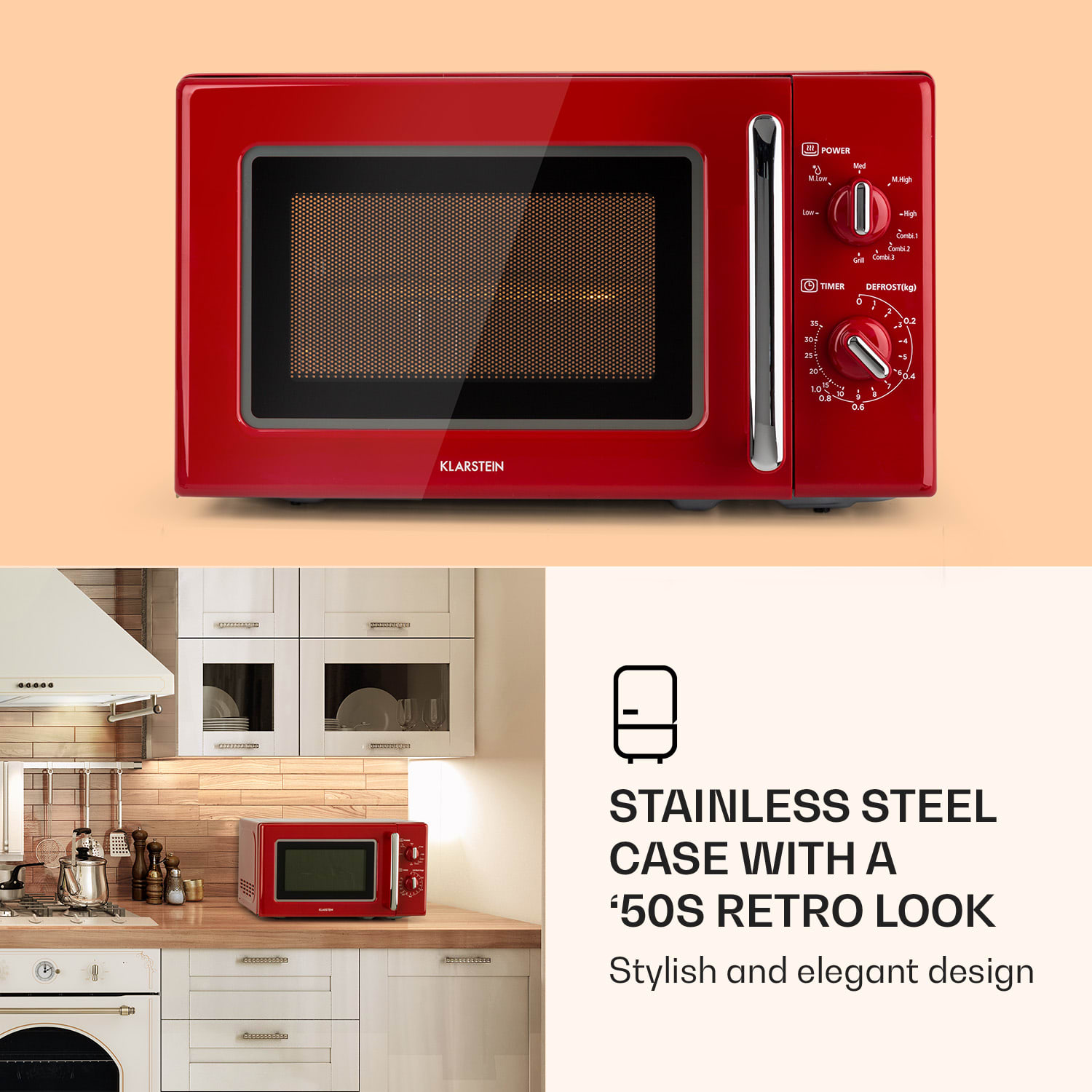 Klarstein Caroline, mikrovlnná rúra, 20 l, 700/1000 W, Ø 25,5 cm, QuickSelect, retro, červená – Obrázok 5