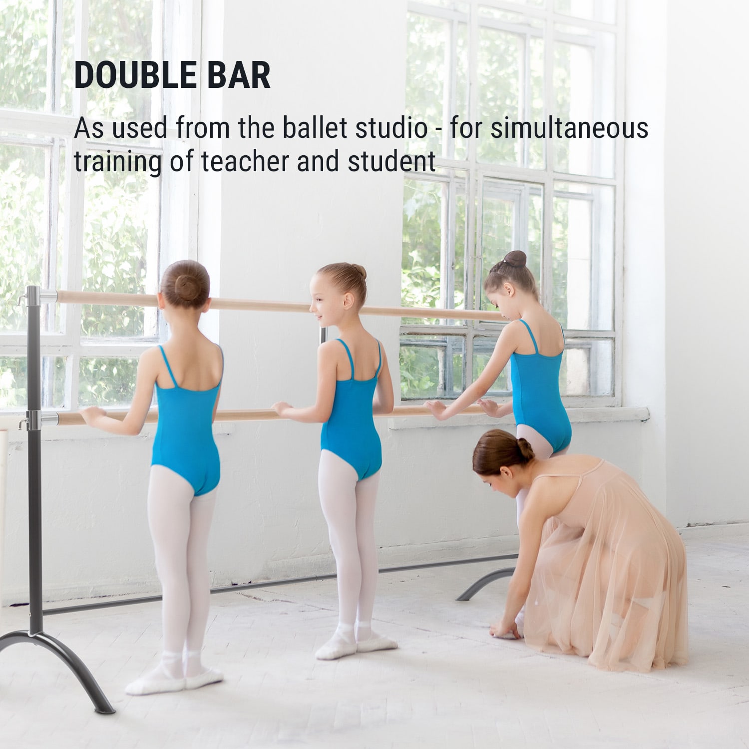 KLARFIT Barre Marie, dvojitá baletná tyč, voľne stojaca, 220 x 113 cm, 2 x 38 mm Ø – Obrázok 2