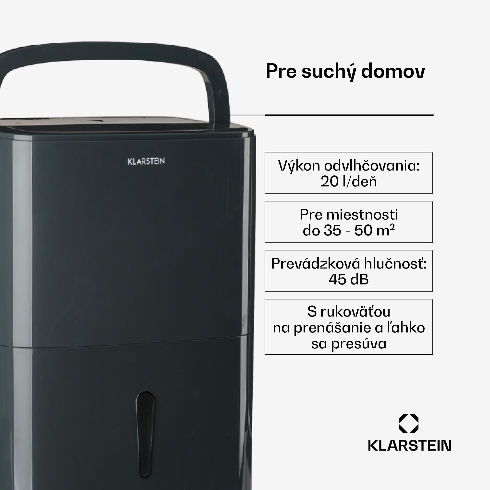 Klarstein DryFy20 Odvlhčovač vzduchu 420W 20l/d 230m³/h 35-50m² DrySelect 45dB Sivá – Obrázok 2