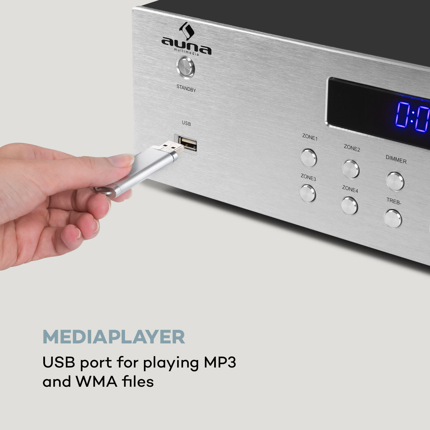 Auna AV2-CD850BT, 4-zónový HiFi stereo zosilňovač, 8 x 50 W RMS, bluetooth, USB, strieborný – Obrázok 3
