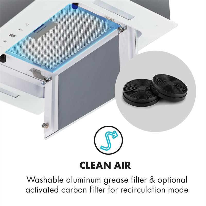 Klarstein Hektor, digestor, 52 cm, vstavaný, 530 m³/h, LED, dotykové ovládanie, sklo, biely – Obrázok 5