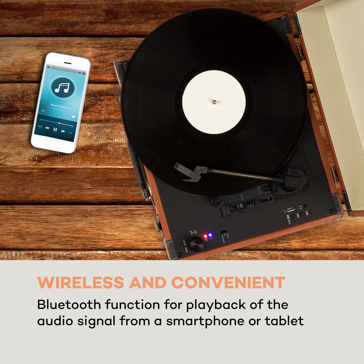 Auna Jerry Lee BT, gramofón, BT, USB, nahrávanie a prehrávanie, hnedý – Obrázok 4