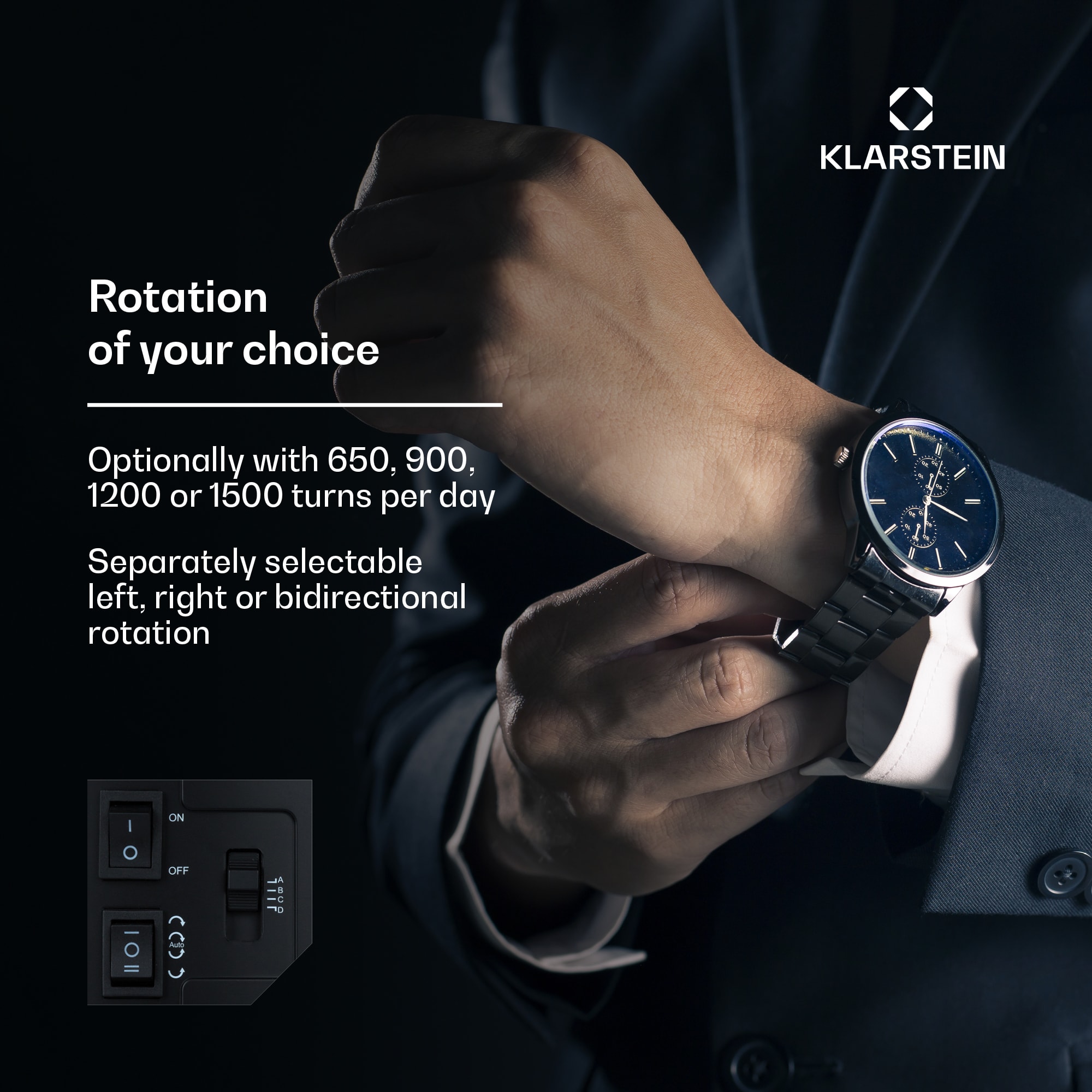 Klarstein St. Gallen Premium, naťahovač na hodinky, 2 hodiniek, 4 rýchlosti, čierny – Obrázok 3