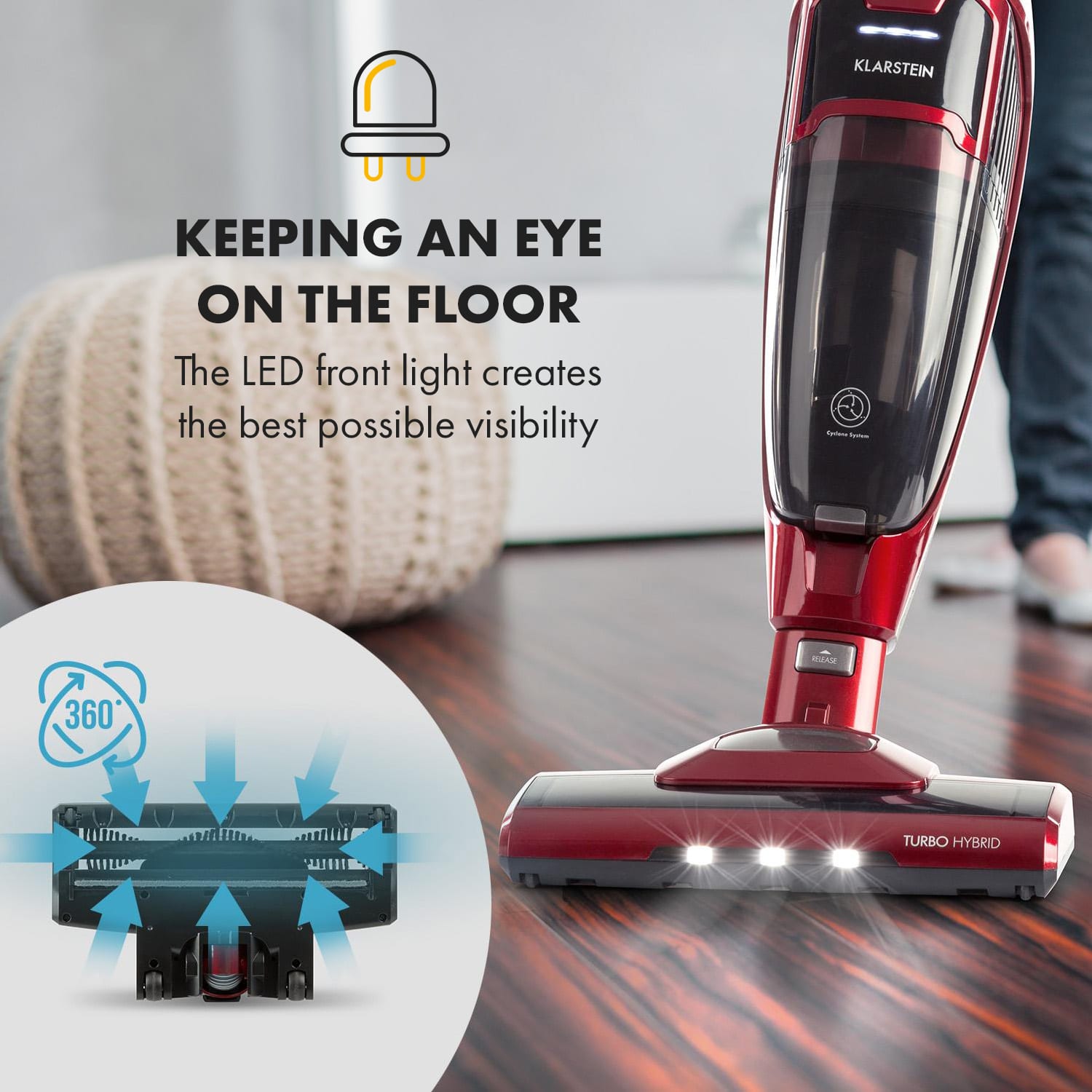 Klarstein TurboHybrid, vysávač, podlahový a ručný vysávač, metalický červený – Obrázok 2