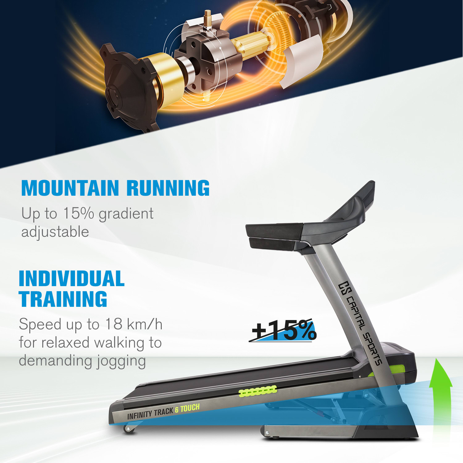 Capital Sports Infinity Track 6.0 Touch, bežecký pás, 5,5 HP, Wi-Fi, 9" dotyková obrazovka – Obrázok 5