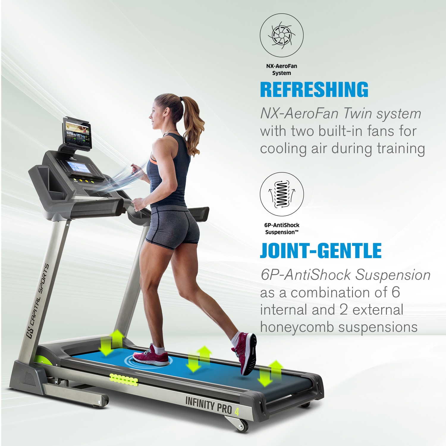 Capital Sports Infinity Pro 4.0, bežecký pás, 7 HP, BT, aplikácia Kinomap, LCD – Obrázok 3