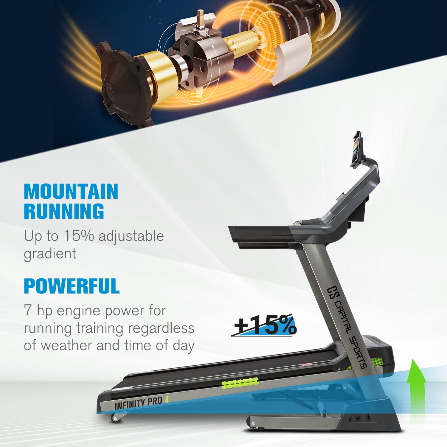 Capital Sports Infinity Pro 4.0, bežecký pás, 7 HP, BT, aplikácia Kinomap, LCD – Obrázok 5