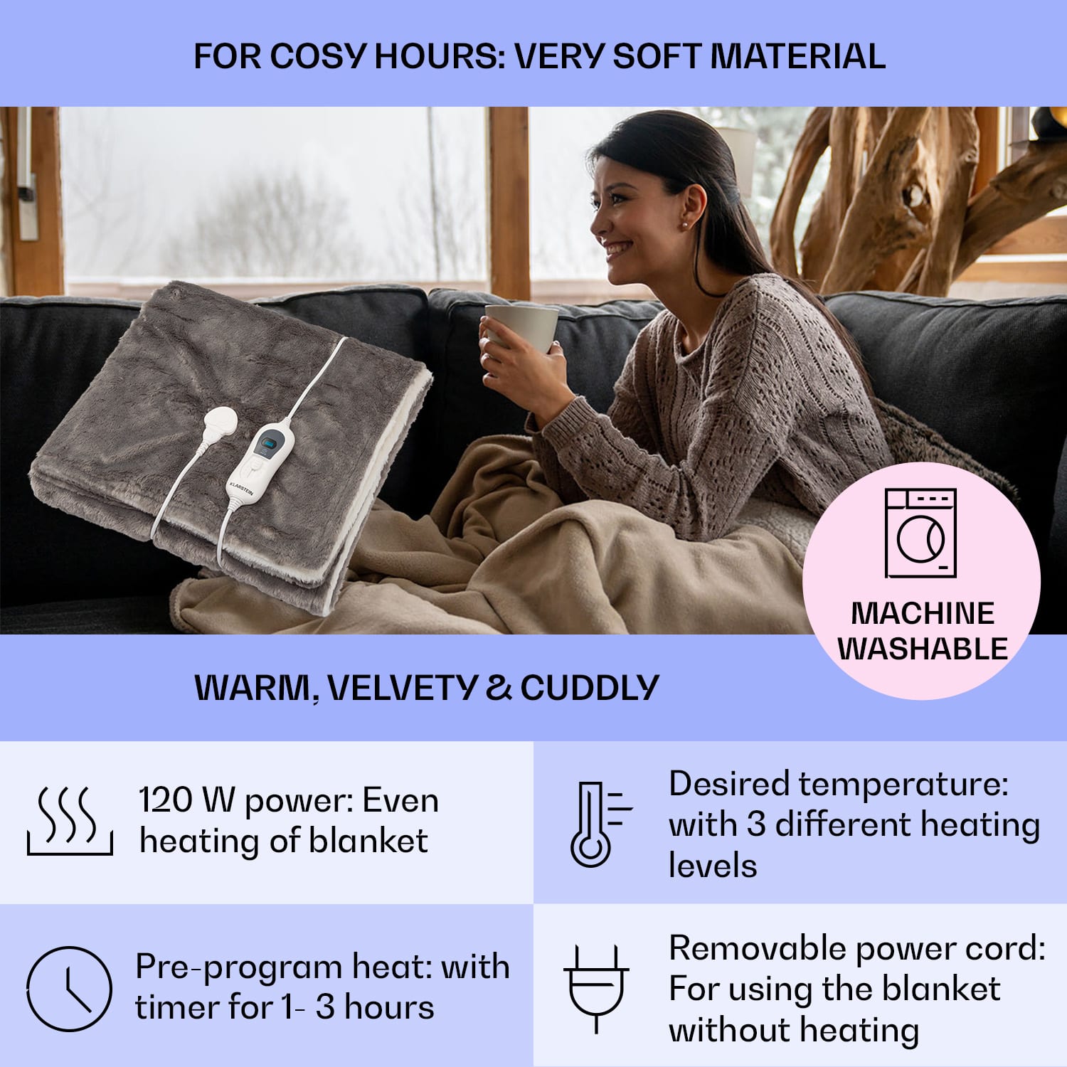 Klarstein Dr. Watson SuperSoft, vyhrievacia deka, 120 W, 180 x 130 cm, chlpatý plyš, krémová/sivá – Obrázok 2