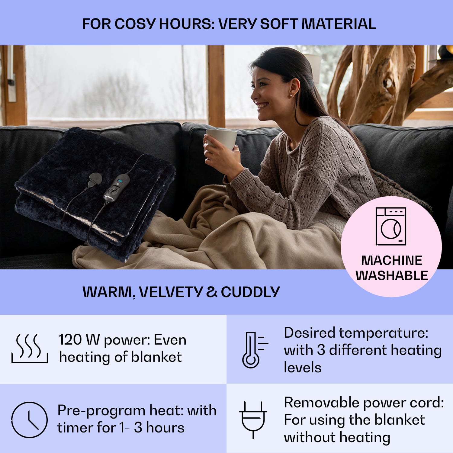 Klarstein Dr. Watson SuperSoft, vyhrievacia deka, 120 W, 180 x 130 cm, chlpatý plyš, béžová/modrá – Obrázok 2