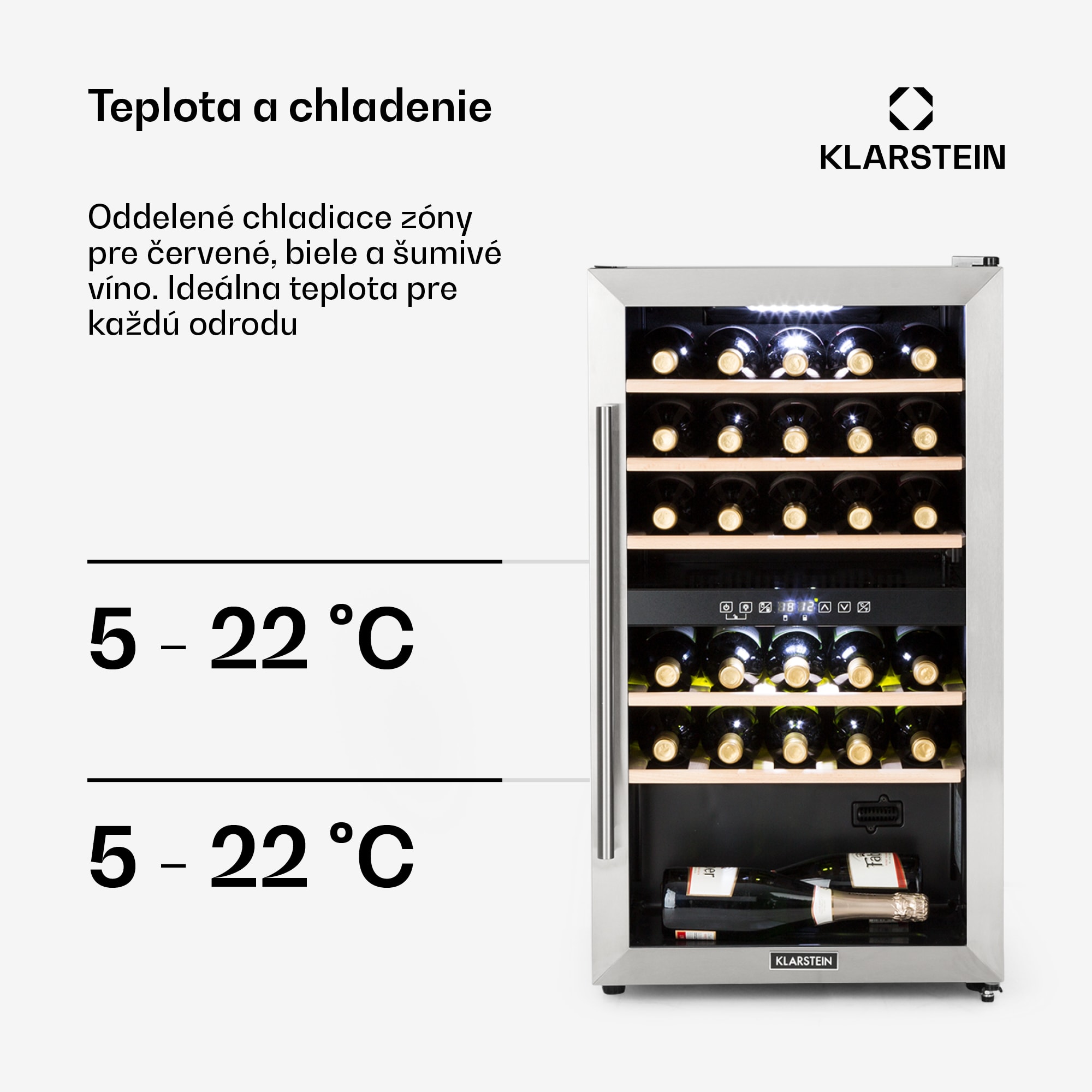Klarstein Vinamour 29D, vinotéka, 2 zóny, 80 l, 29 fliaš, 5-22°C, dotykové ovládanie – Obrázok 4