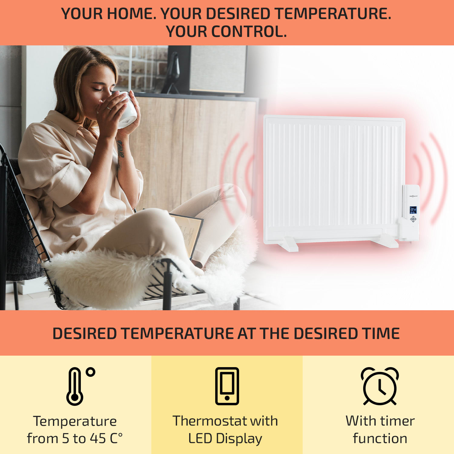 OneConcept Wallander, olejový radiátor, 600 W, termostat, olejové vyhrievanie, plochý dizajn, biely – Obrázok 3