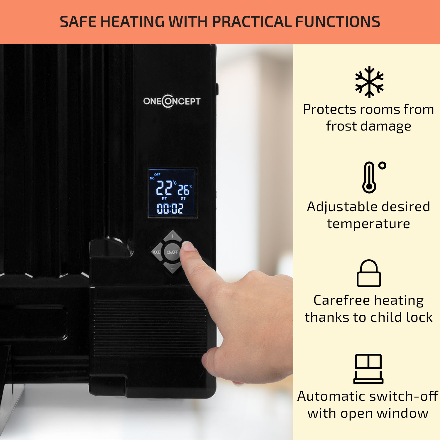 OneConcept Wallander, olejový radiátor, 1000 W, termostat, olejové vyhrievanie, plochý dizajn, čierny – Obrázok 4