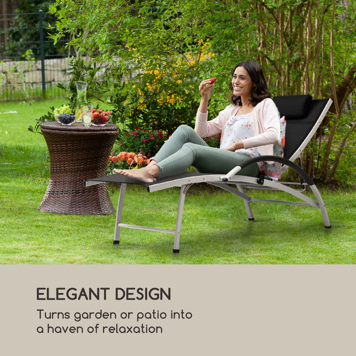 Blumfeldt Sun Valley, záhradné lehátko, sklápateľné, vankúš, čierne – Obrázok 2