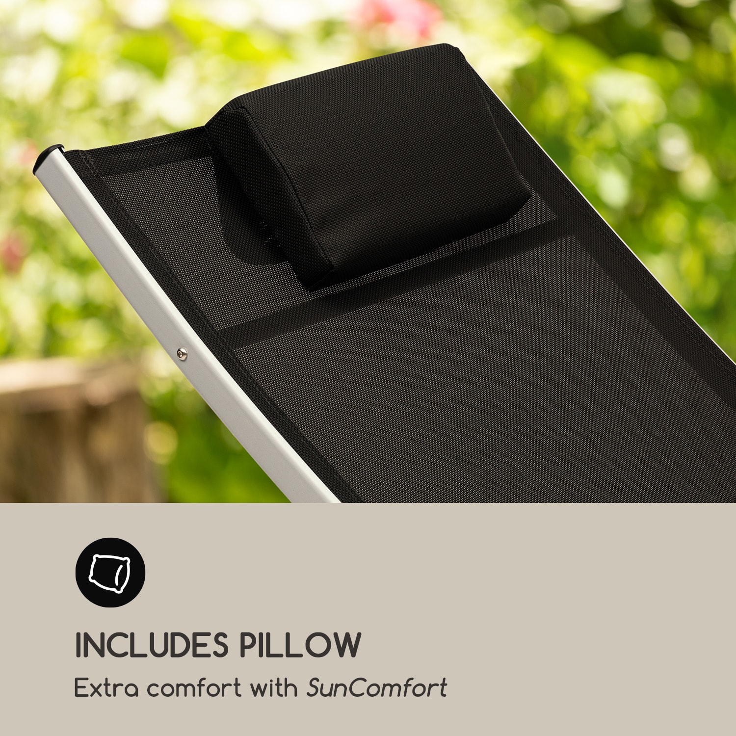 Blumfeldt Sun Valley, záhradné lehátko, sklápateľné, vankúš, čierne – Obrázok 4