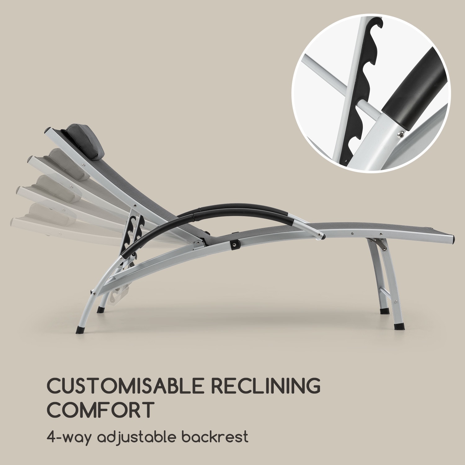 Blumfeldt Sun Valley, záhradné lehátko, sklápateľné, vankúš, sivé – Obrázok 3