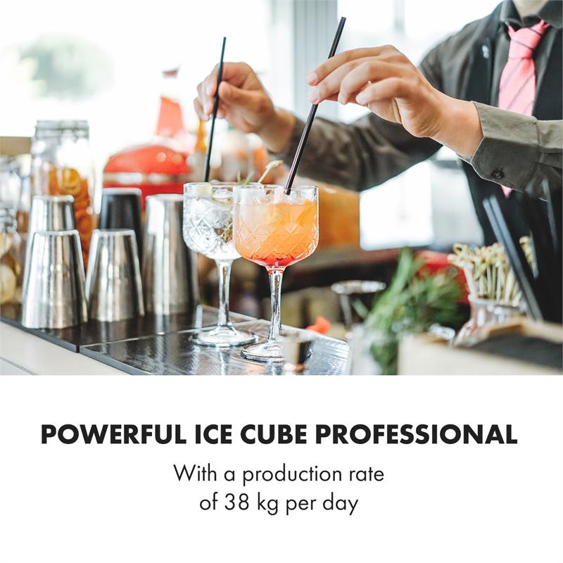 Klarstein Glacial XL, výrobník ľadu, profesionálne zariadenie na výrobu kociek ľadu, 38 kg/24 h, 15 l, LED, nehrdzavejúca oceľ, čierny – Obrázok 2
