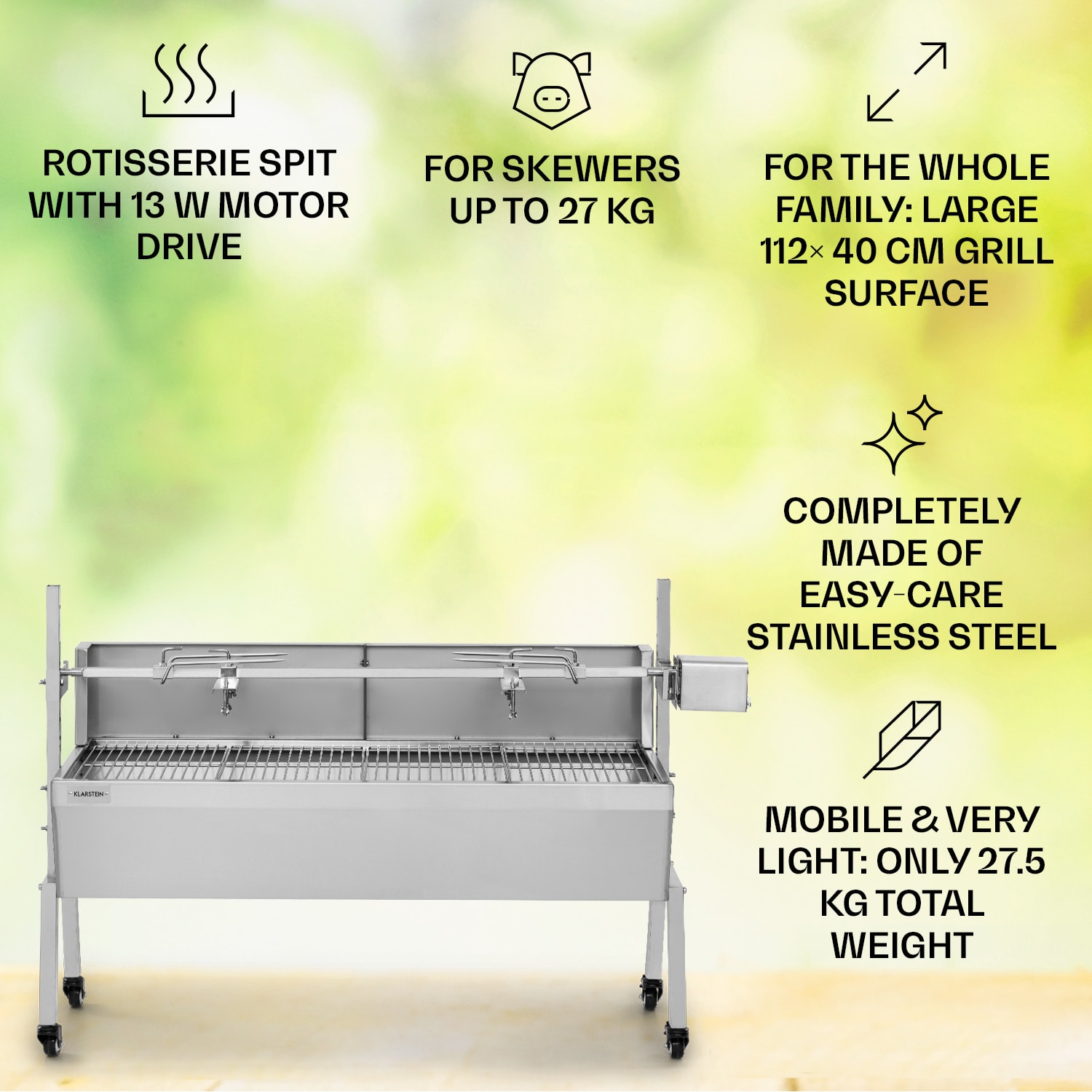 Klarstein Sauenland Pro, gril na prasiatko, otočný špíz, 13 W, 4 kolesá, ušľachtilá oceľ – Obrázok 2