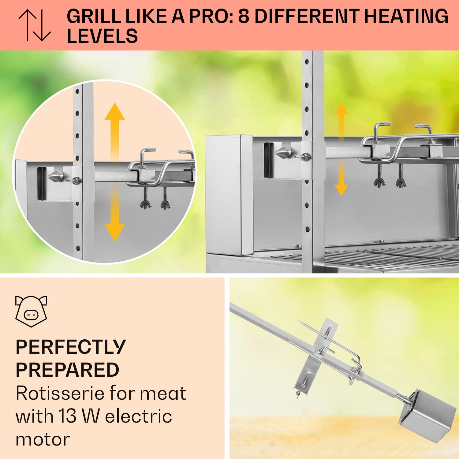 Klarstein Sauenland Pro, gril na prasiatko, otočný špíz, 13 W, 4 kolesá, ušľachtilá oceľ – Obrázok 3