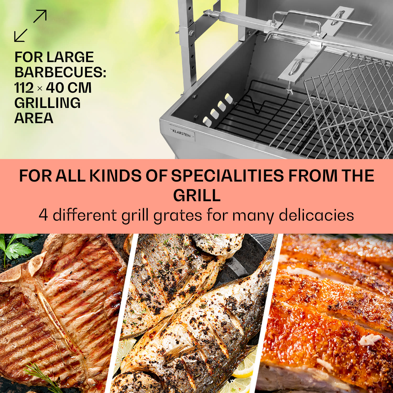 Klarstein Sauenland Pro, gril na prasiatko, otočný špíz, 13 W, 4 kolesá, ušľachtilá oceľ – Obrázok 4