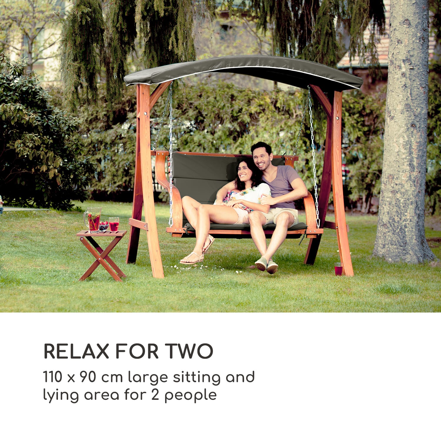 Blumfeldt Tahiti, záhradná hojdačka, slnečná strieška, 110 cm, 2 sedadlá, masív, sivá – Obrázok 3