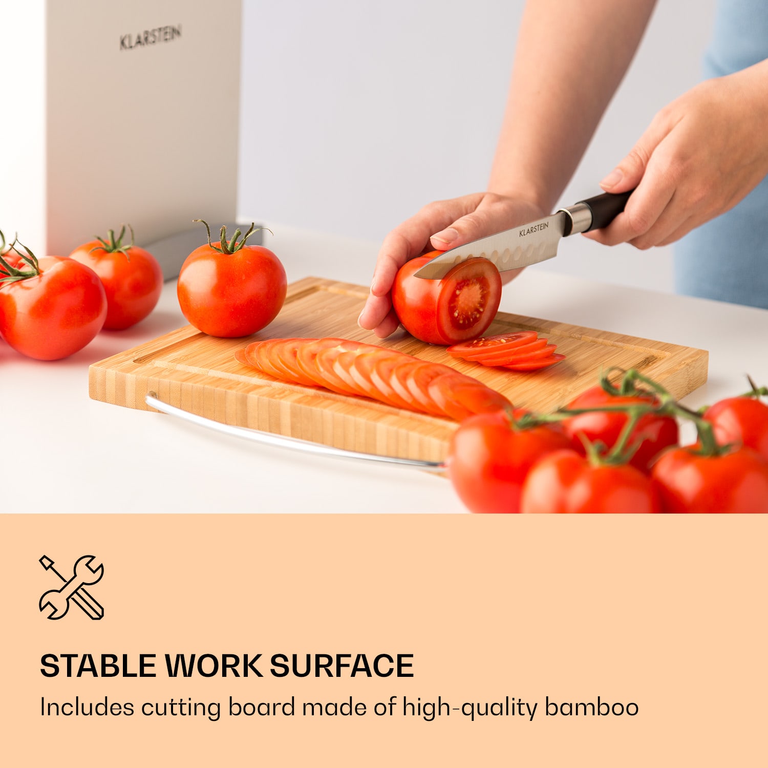 Klarstein Kitano Plus, sada nožov, 9-dielna, drevený stojan, bambusová krájacia doska, biela – Obrázok 2