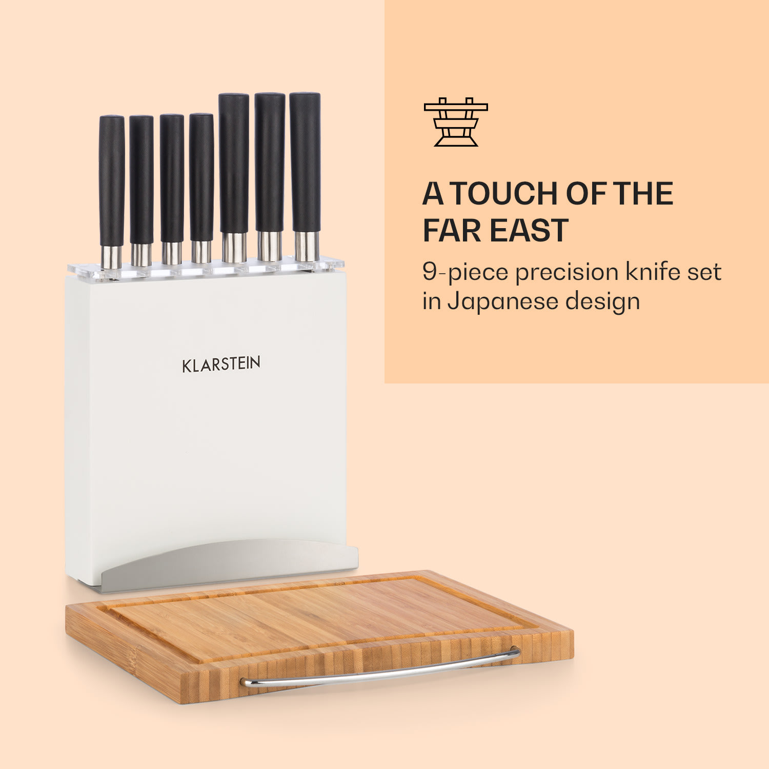 Klarstein Kitano Plus, sada nožov, 9-dielna, drevený stojan, bambusová krájacia doska, biela – Obrázok 3