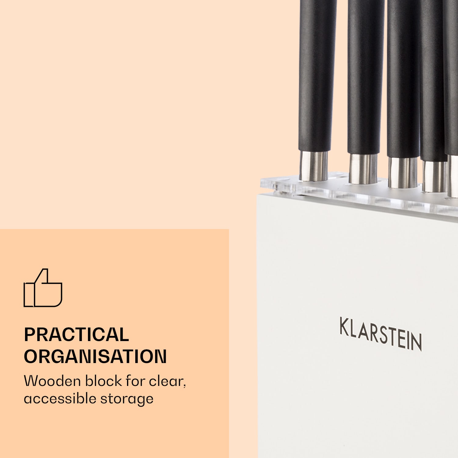 Klarstein Kitano Plus, sada nožov, 9-dielna, drevený stojan, bambusová krájacia doska, biela – Obrázok 5