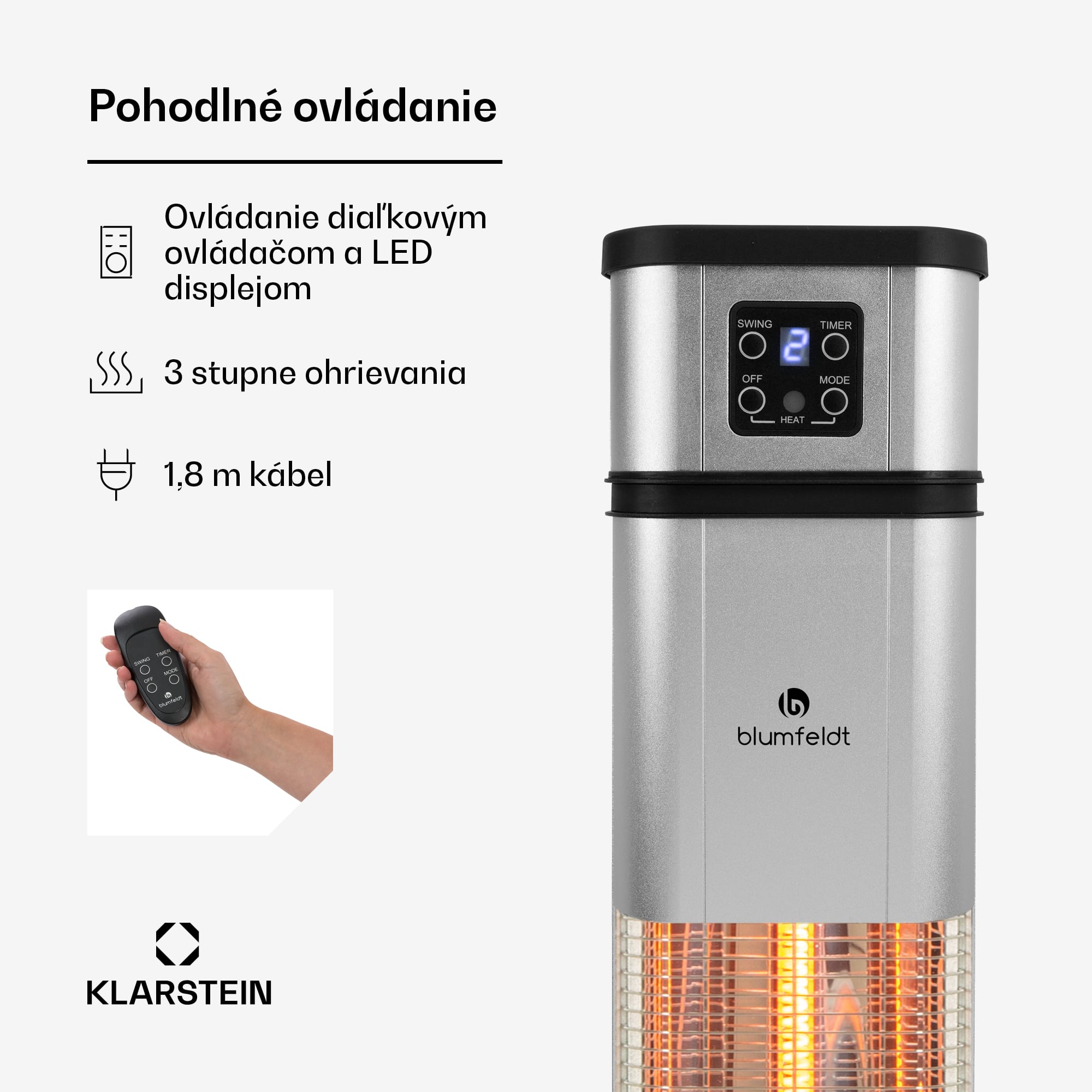 Blumfeldt Heat Guru Plus, infračervený ohrievač, 2000 W, 3 stupne ohrevu, diaľkový ovládač, strieborný – Obrázok 4