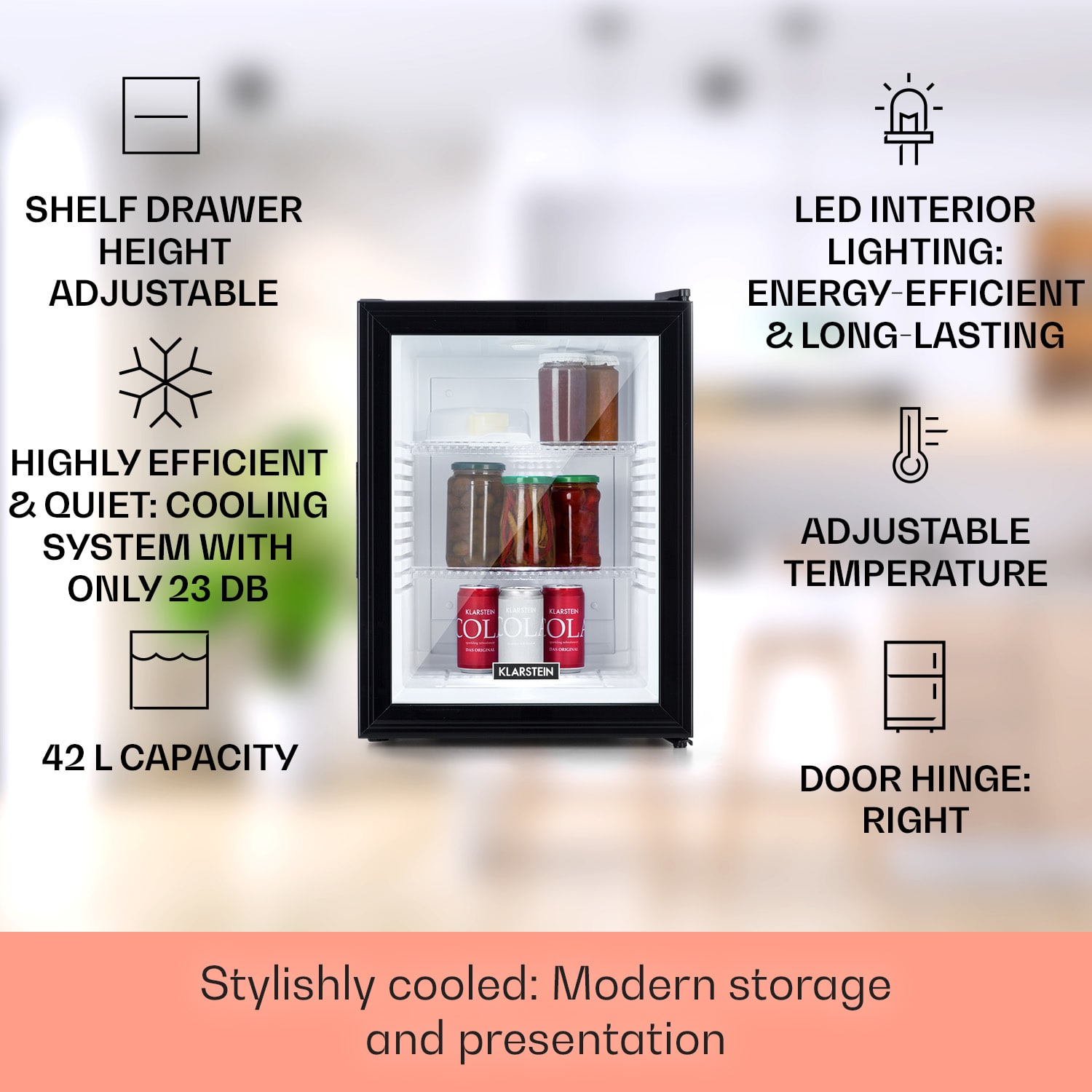 Klarstein Brooklyn 42, mini chladnička, sklenené dvere, LED osvetlenie, police – Obrázok 2