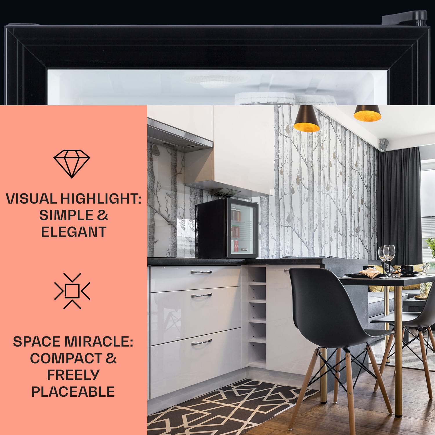 Klarstein Brooklyn 42, mini chladnička, sklenené dvere, LED osvetlenie, police – Obrázok 3