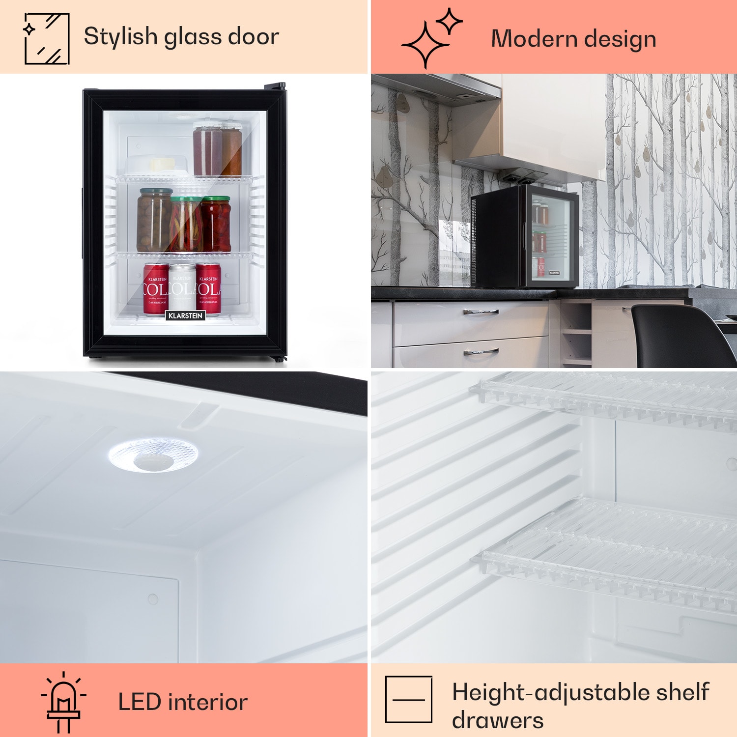 Klarstein Brooklyn 42, mini chladnička, sklenené dvere, LED osvetlenie, police – Obrázok 5
