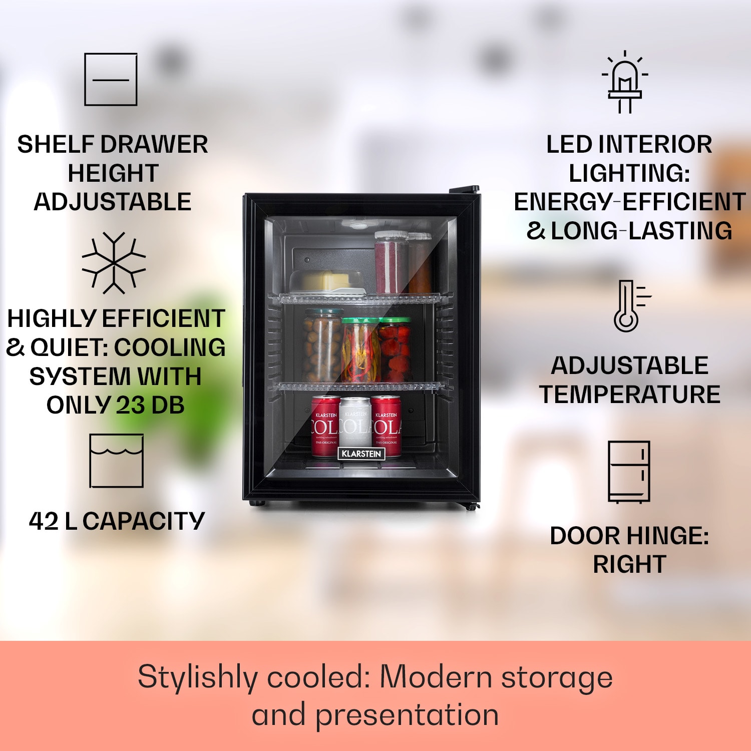 Klarstein Brooklyn 42, mini chladnička, sklenené dvere, LED osvetlenie, police – Obrázok 2